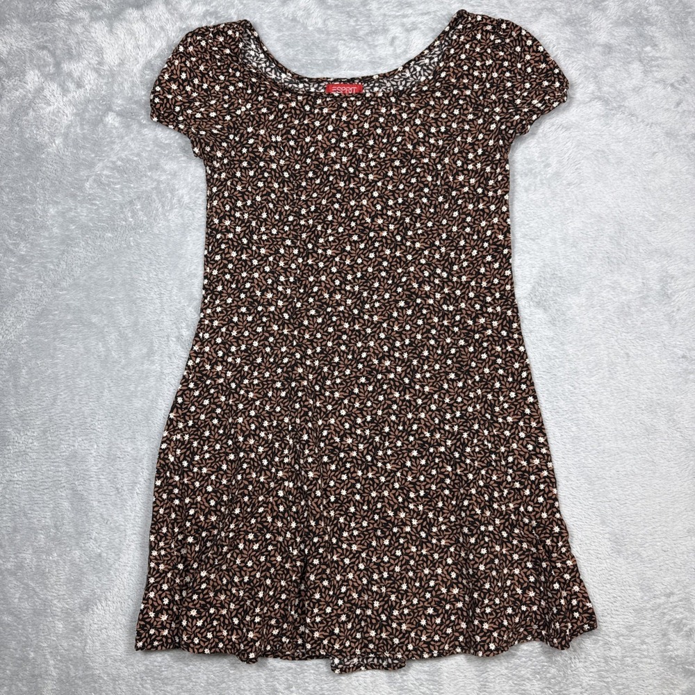 Vintage Esprit Mini‎ Dress Womens XS Black Brown White Floral 90's